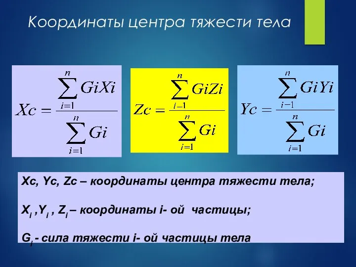 Xc, Yc, Zc – координаты центра тяжести тела; Xi ,Yi , Zi