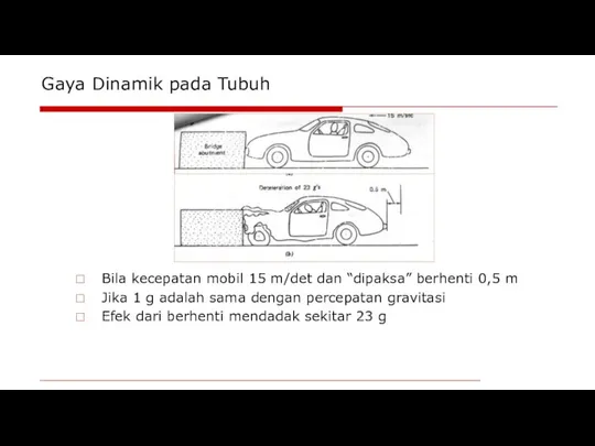 Gaya Dinamik pada Tubuh Bila kecepatan mobil 15 m/det dan “dipaksa” berhenti