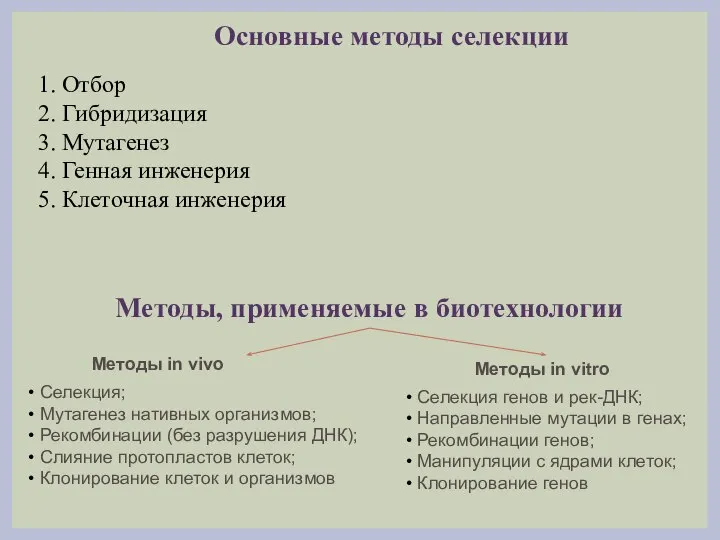 1. Отбор 2. Гибридизация 3. Мутагенез 4. Генная инженерия 5. Клеточная инженерия