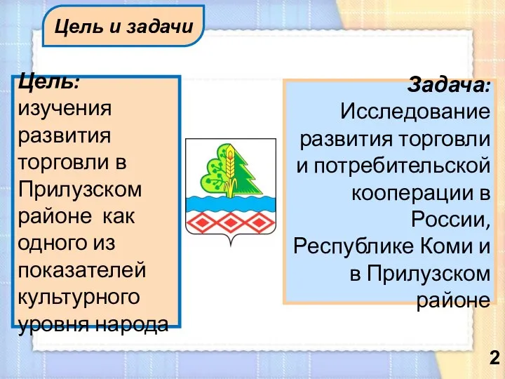 Цель и задачи Цель: изучения развития торговли в Прилузском районе как одного