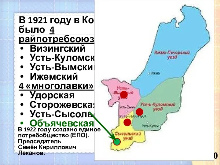 В 1921 году в Коми крае было 4 райпотребсоюза: Визингский Усть-Куломский Усть-Вымский