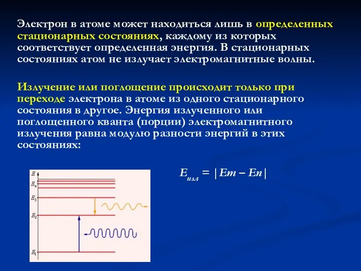 Электрон в атоме может находиться лишь в определенных стационарных состояниях, каждому из