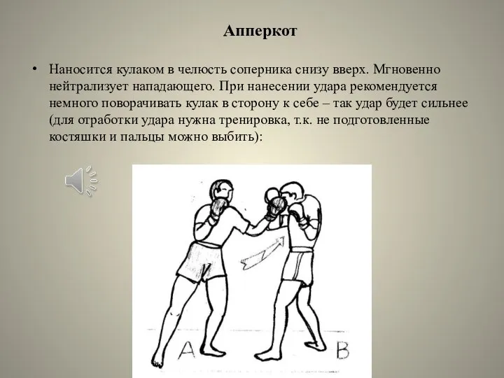 Апперкот Наносится кулаком в челюсть соперника снизу вверх. Мгновенно нейтрализует нападающего. При