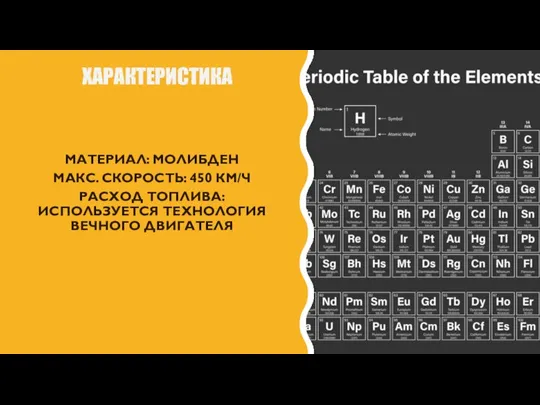 ХАРАКТЕРИСТИКА МАТЕРИАЛ: МОЛИБДЕН МАКС. СКОРОСТЬ: 450 КМ/Ч РАСХОД ТОПЛИВА: ИСПОЛЬЗУЕТСЯ ТЕХНОЛОГИЯ ВЕЧНОГО ДВИГАТЕЛЯ