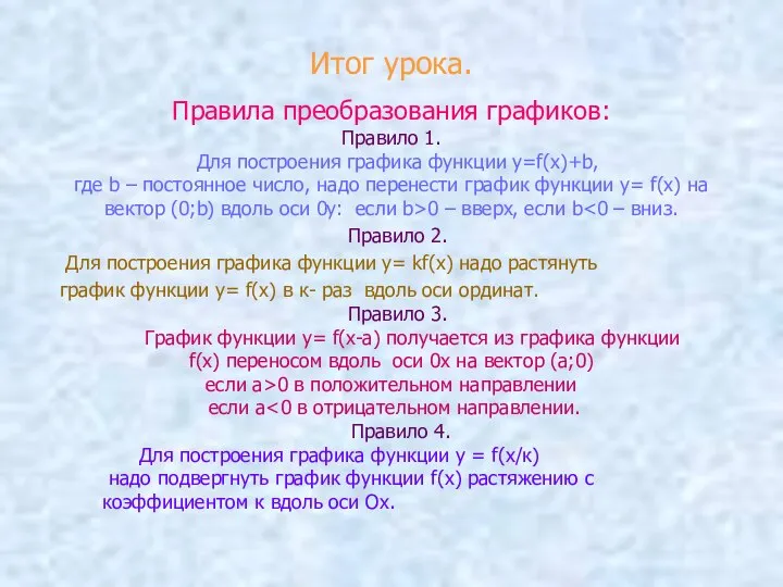 Итог урока. Правила преобразования графиков: Правило 1. Для построения графика функции y=f(x)+b,