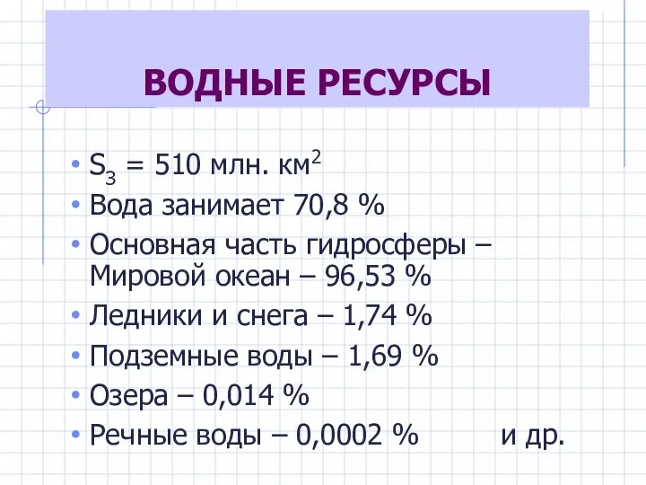 ВОДНЫЕ РЕСУРСЫ SЗ = 510 млн. км2 Вода занимает 70,8 % Основная