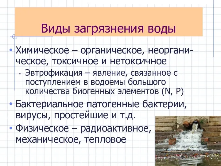 Виды загрязнения воды Химическое – органическое, неоргани-ческое, токсичное и нетоксичное Эвтрофикация –