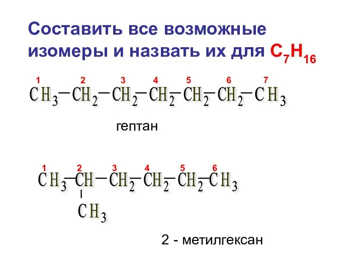 Составить все возможные изомеры и назвать их для С7Н16 гептан 2 - метилгексан