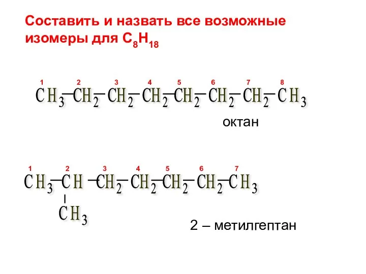 Составить и назвать все возможные изомеры для С8Н18 октан 2 – метилгептан