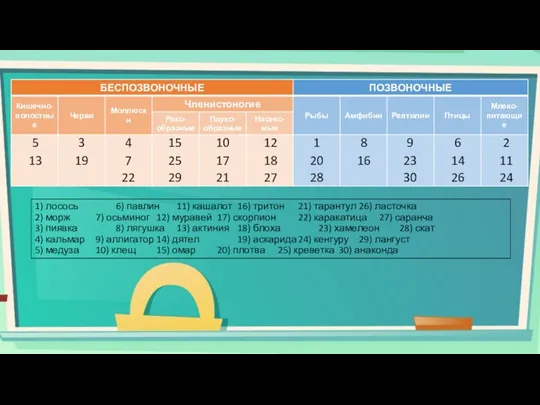 1) лосось 6) павлин 11) кашалот 16) тритон 21) тарантул 26) ласточка