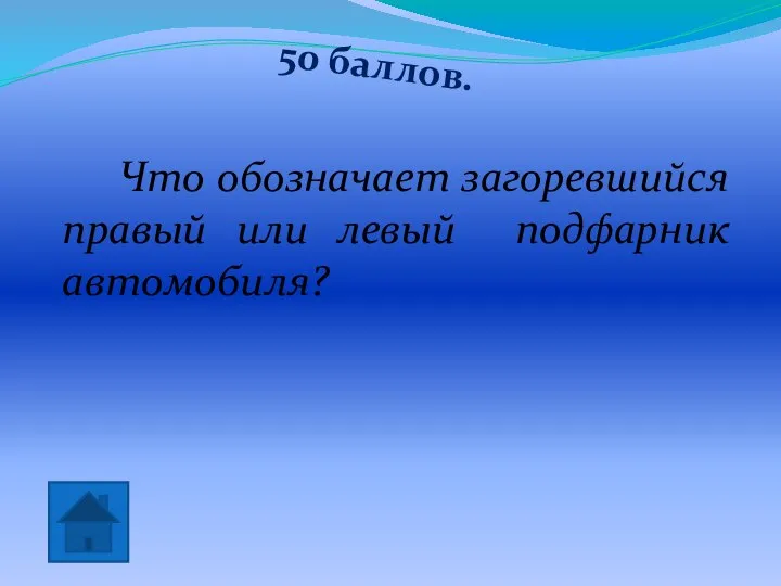 50 баллов. Поворот или разворот Что обозначает загоревшийся правый или левый подфарник автомобиля?