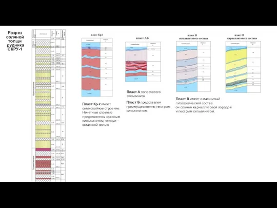 Разрез соляной толщи рудника СКРУ-1 Пласт Кр-2 имеет семислойное строение. Нечетные слои