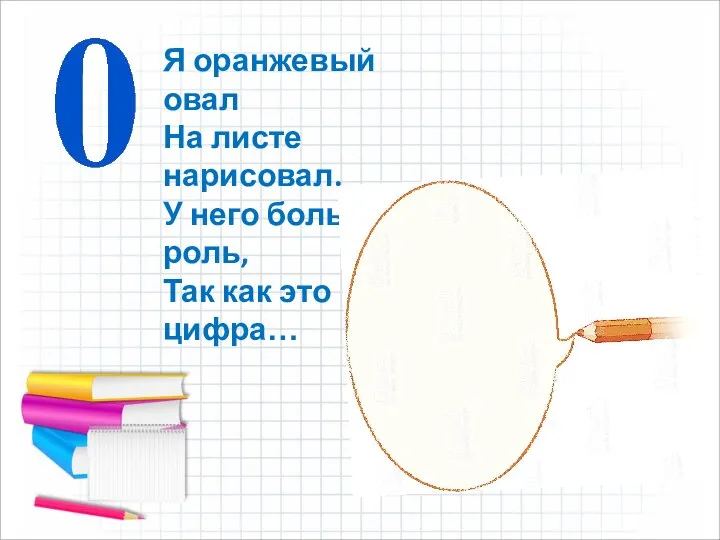 Я оранжевый овал На листе нарисовал. У него большая роль, Так как это цифра…