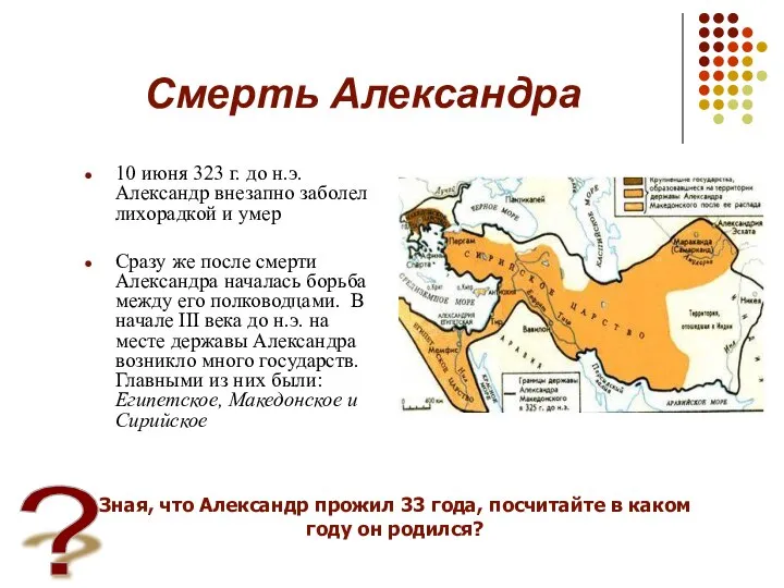 Смерть Александра 10 июня 323 г. до н.э. Александр внезапно заболел лихорадкой