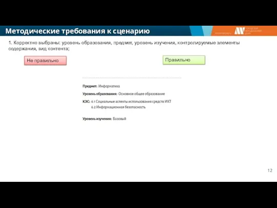 Методические требования к сценарию урока 1. Корректно выбраны: уровень образования, предмет, уровень