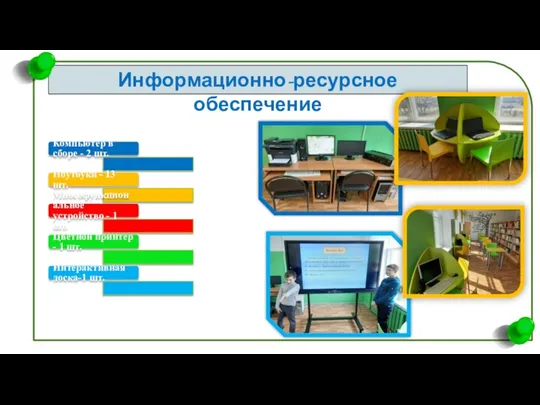 Информационно-ресурсное обеспечение Компьютер в сборе - 2 шт. Ноутбуки - 13 шт.