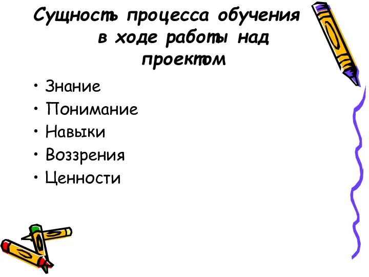 Сущность процесса обучения в ходе работы над проектом Знание Понимание Навыки Воззрения Ценности