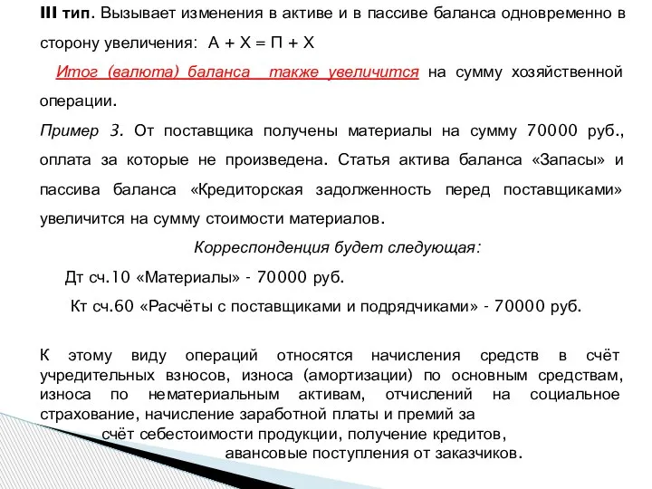 III тип. Вызывает изменения в активе и в пассиве баланса одновременно в