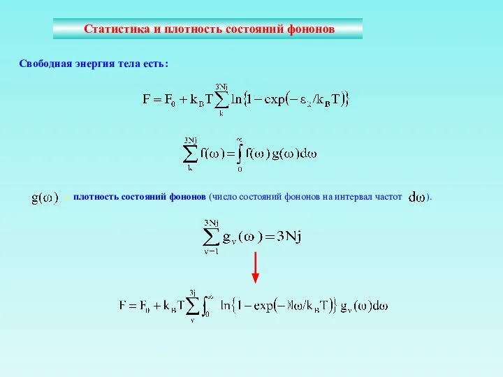 Статистика и плотность состояний фононов Свободная энергия тела есть: - плотность состояний