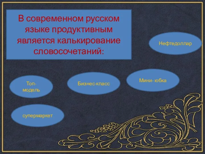 В современном русском языке продуктивным является калькирование словосочетаний: Топ-модель Бизнес-класс Мини- юбка Нефтедоллар супермаркет