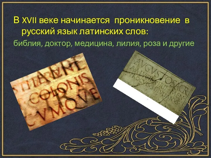В XVII веке начинается проникновение в русский язык латинских слов: библия, доктор,