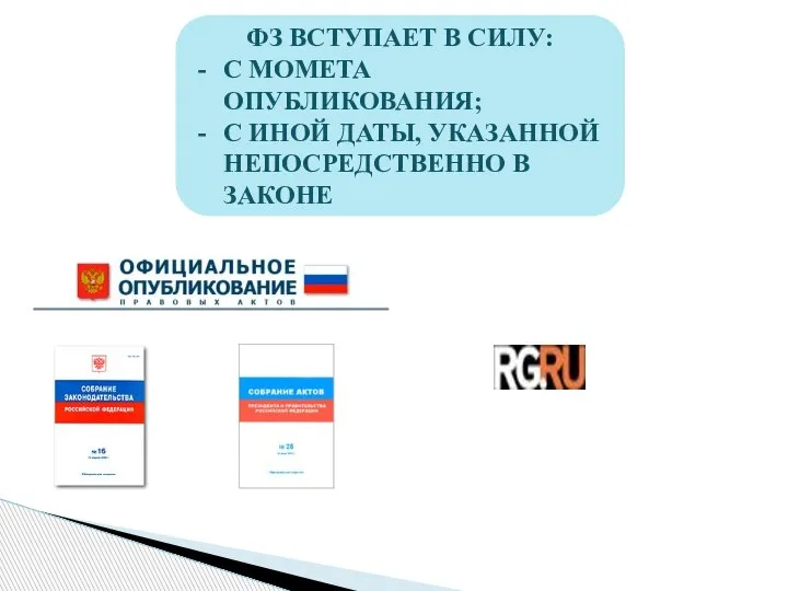 ФЗ ВСТУПАЕТ В СИЛУ: С МОМЕТА ОПУБЛИКОВАНИЯ; С ИНОЙ ДАТЫ, УКАЗАННОЙ НЕПОСРЕДСТВЕННО В ЗАКОНЕ