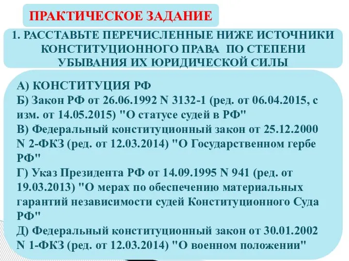 ПРАКТИЧЕСКОЕ ЗАДАНИЕ 1. РАССТАВЬТЕ ПЕРЕЧИСЛЕННЫЕ НИЖЕ ИСТОЧНИКИ КОНСТИТУЦИОННОГО ПРАВА ПО СТЕПЕНИ УБЫВАНИЯ