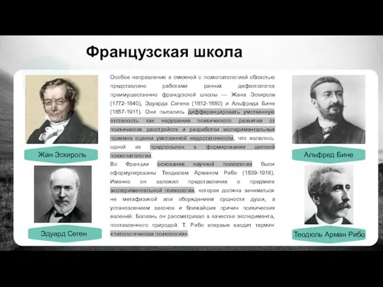 Французская школа Особое направление в смежной с психопатологией областью представлено работами ранних