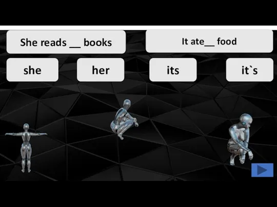She reads __ books she her its it`s It ate__ food