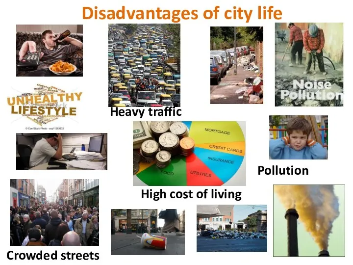 Heavy traffic Pollution Crowded streets High cost of living Disadvantages of city life