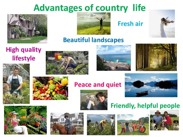 Advantages of country life Fresh air Beautiful landscapes Peace and quiet High