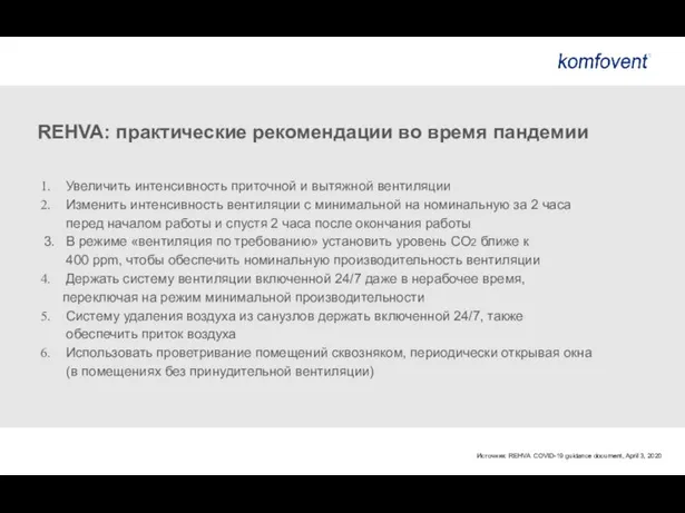 REHVA: практические рекомендации во время пандемии Увеличить интенсивность приточной и вытяжной вентиляции