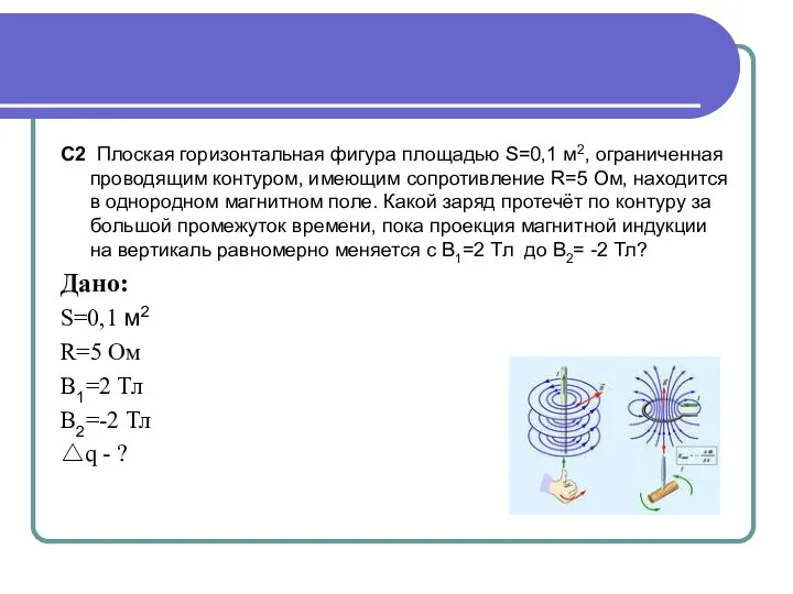 С2 Плоская горизонтальная фигура площадью S=0,1 м2, ограниченная проводящим контуром, имеющим сопротивление