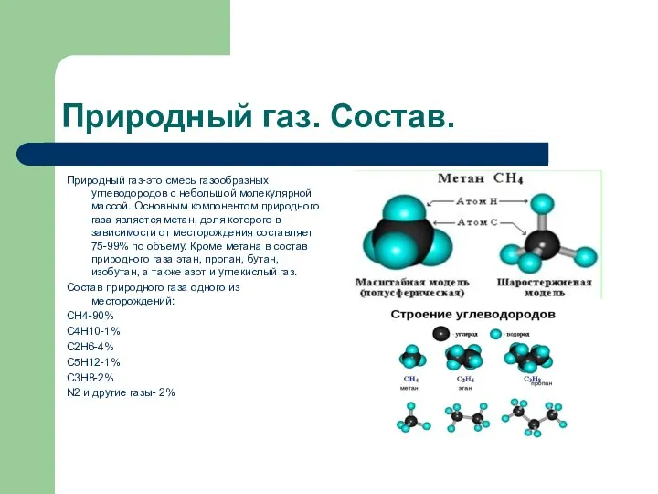 Природный газ. Состав. Природный газ-это смесь газообразных углеводородов с небольшой молекулярной массой.