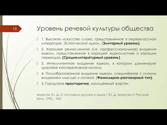 Уровень речевой культуры общества 1. Высокое искусство слова, представленное в первоклассной литературе.