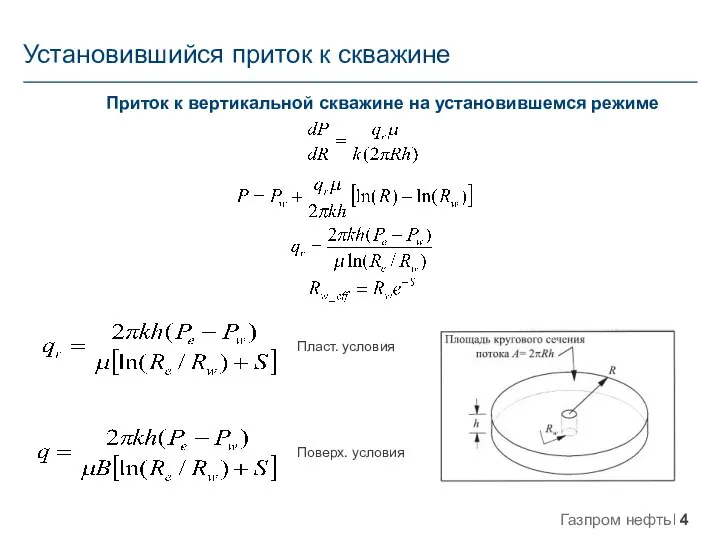 Установившийся приток к скважине Приток к вертикальной скважине на установившемся режиме Пласт. условия Поверх. условия