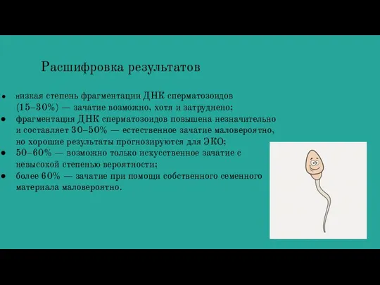 Расшифровка результатов низкая степень фрагментации ДНК сперматозоидов (15–30%) — зачатие возможно, хотя