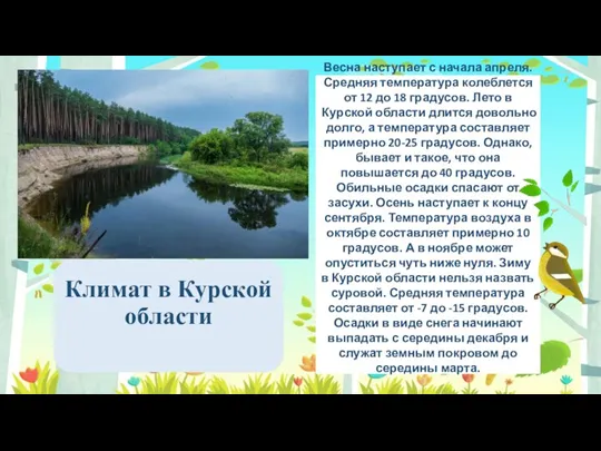 Климат в Курской области Весна наступает с начала апреля. Средняя температура колеблется
