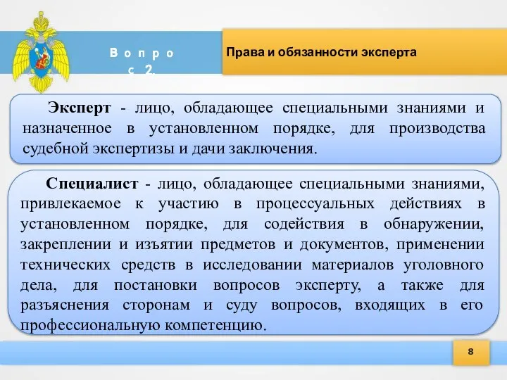 8 Права и обязанности эксперта Вопрос 2. Эксперт - лицо, обладающее специальными