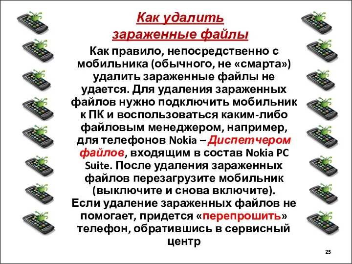 Как удалить зараженные файлы Как правило, непосредственно с мобильника (обычного, не «смарта»)