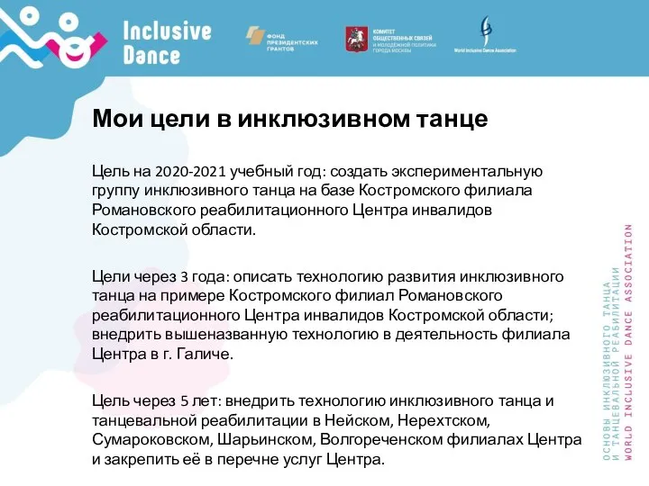 Мои цели в инклюзивном танце Цель на 2020-2021 учебный год: создать экспериментальную