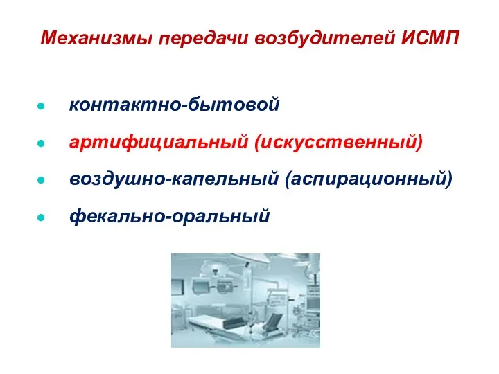 контактно-бытовой артифициальный (искусственный) воздушно-капельный (аспирационный) фекально-оральный Механизмы передачи возбудителей ИСМП