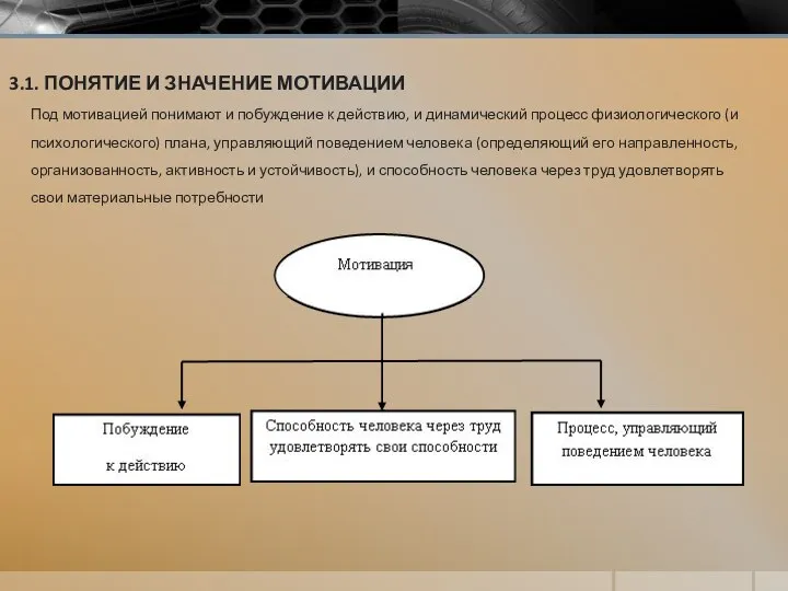 3.1. ПОНЯТИЕ И ЗНАЧЕНИЕ МОТИВАЦИИ Под мотивацией понимают и побуждение к действию,