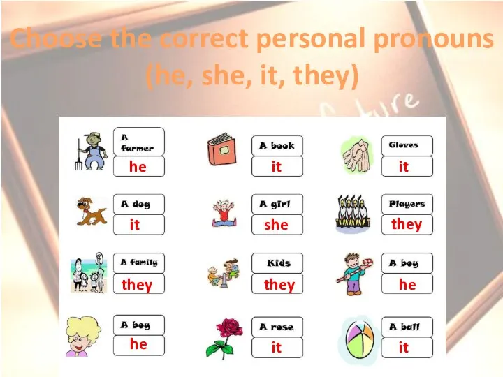 Choose the correct personal pronouns (he, she, it, they) he it they