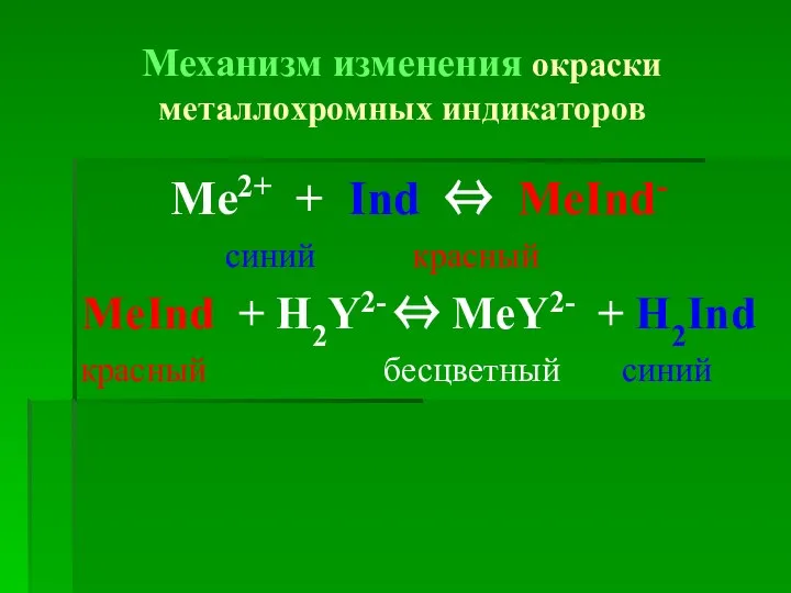 Механизм изменения окраски металлохромных индикаторов Me2+ + Іnd ⇔ MeІnd- синий красный