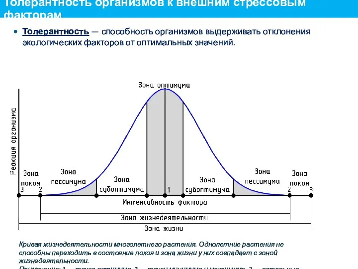 Толерантность организмов к внешним стрессовым факторам Толерантность — способность организмов выдерживать отклонения