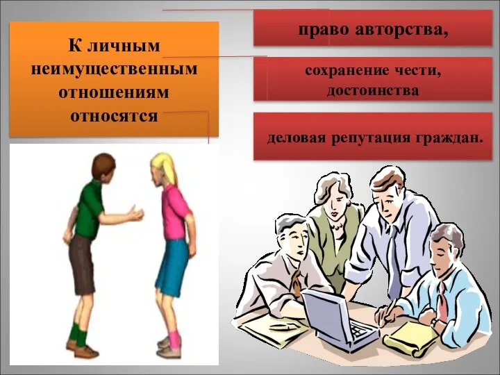 К личным неимущественным отношениям относятся право авторства, сохранение чести, достоинства деловая репутация граждан.