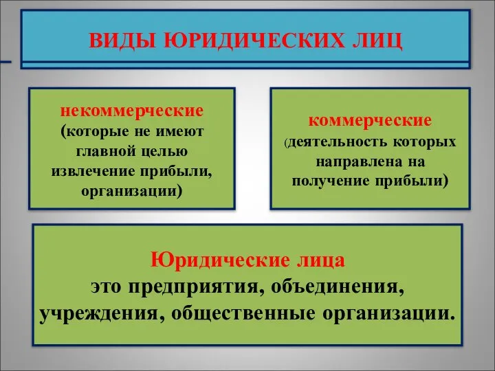 ВИДЫ ЮРИДИЧЕСКИХ ЛИЦ некоммерческие (которые не имеют главной целью извлечение прибыли, организации)