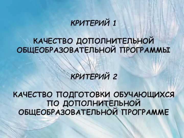 КРИТЕРИЙ 1 КАЧЕСТВО ДОПОЛНИТЕЛЬНОЙ ОБЩЕОБРАЗОВАТЕЛЬНОЙ ПРОГРАММЫ КРИТЕРИЙ 2 КАЧЕСТВО ПОДГОТОВКИ ОБУЧАЮЩИХСЯ ПО ДОПОЛНИТЕЛЬНОЙ ОБЩЕОБРАЗОВАТЕЛЬНОЙ ПРОГРАММЕ