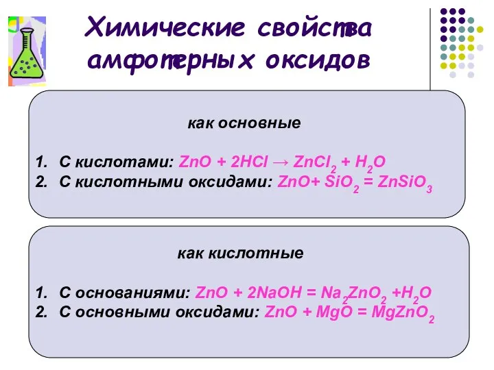 Химические свойства амфотерных оксидов как основные С кислотами: ZnO + 2НСl →